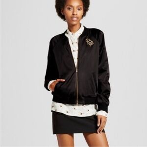 Victoria Beckham x Target Bug Bomber Jacket Black Satin Embroidered Sz S